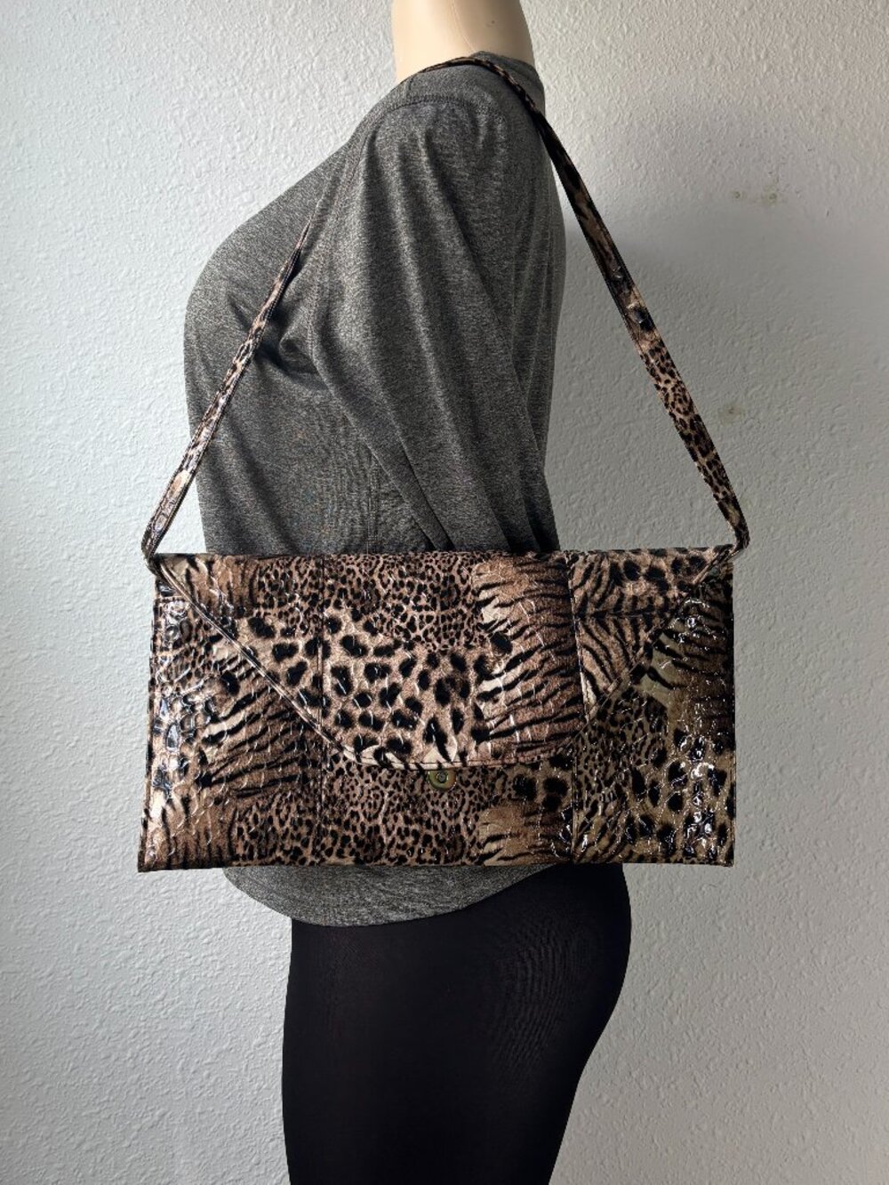 Animal Print Leopard Envelope Shoulder Bag Glossy Patent Finish Purse